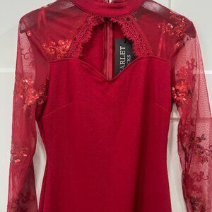 Red sequin arm short evening dress, size 10